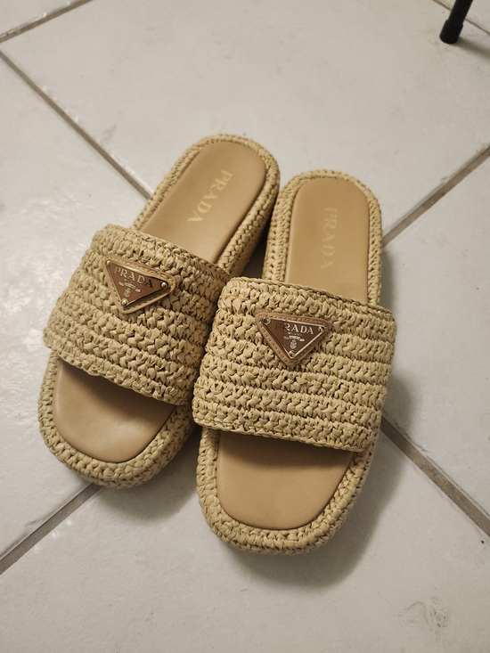 Prada Shoes - Prada Raffia Single-Band Platform Slide size 9